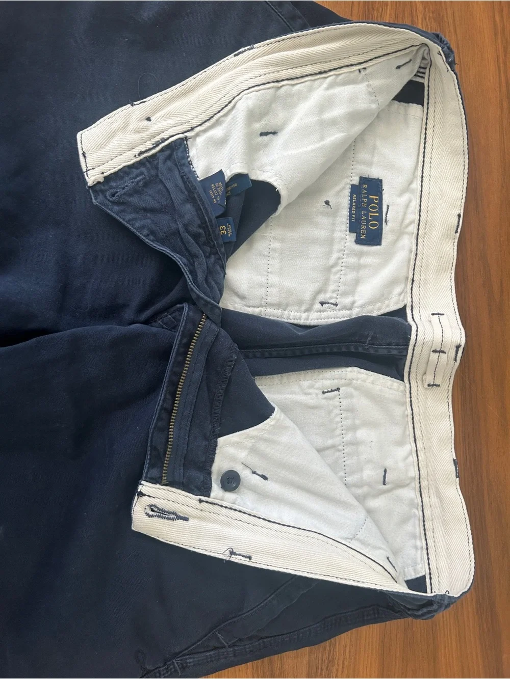 Ralph Lauren Navy Cotton Flat-Front 9” Distressed Shorts